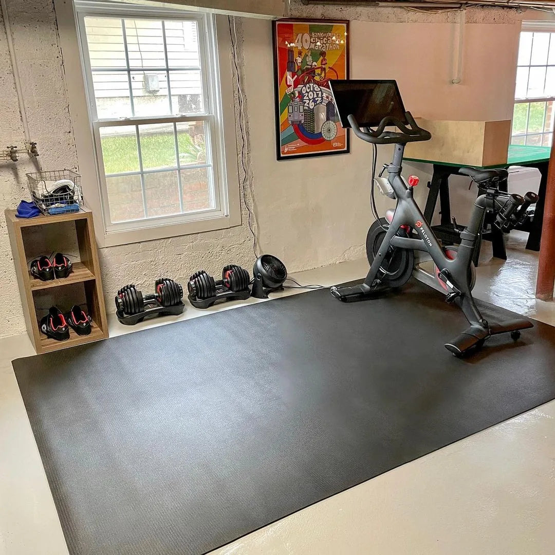 Basement home gym with an indoor bike and dumbbells on a large black mat